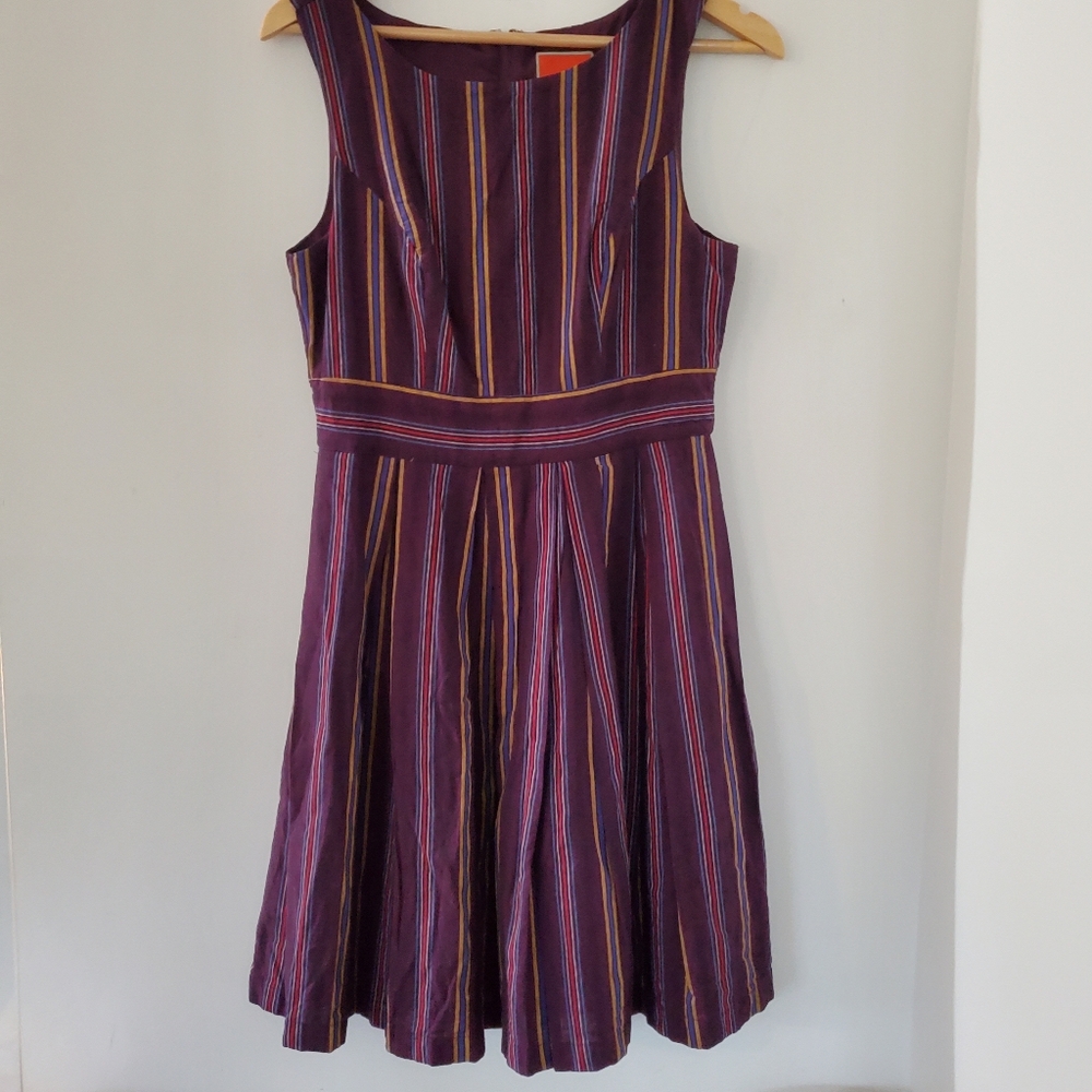 MODCLOTH M Purple Striped Sleeveless Fit & Flare Dress Pleats Pockets Lined EUC - Picture 3 of 14